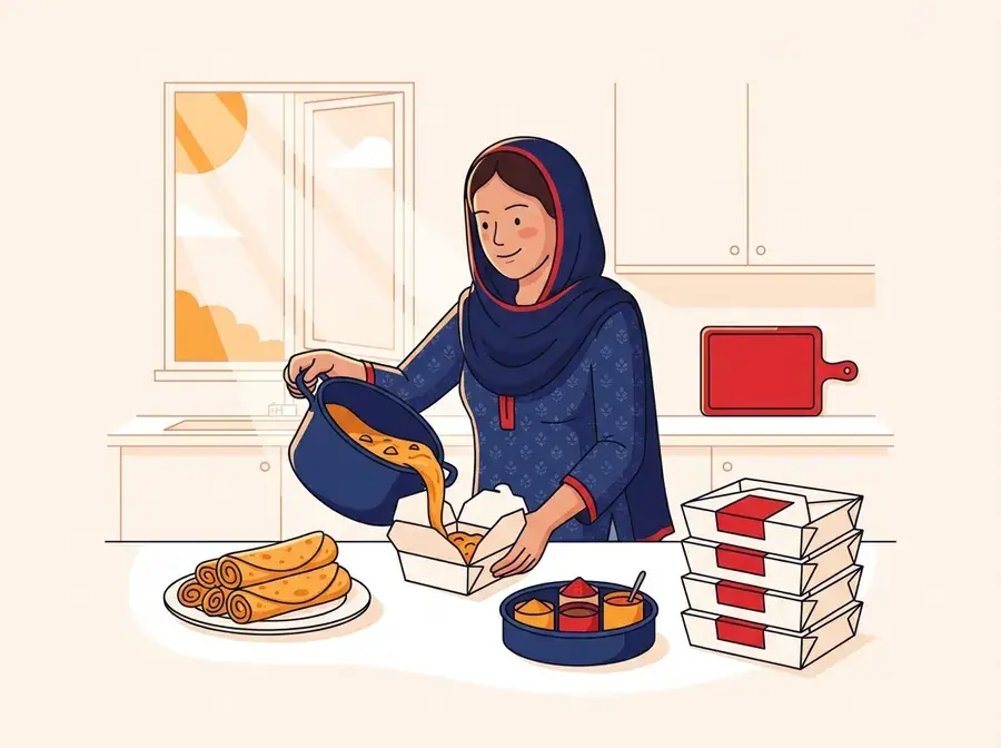 Ghar ki khatoon apne kitchen mein khana pack karti hui